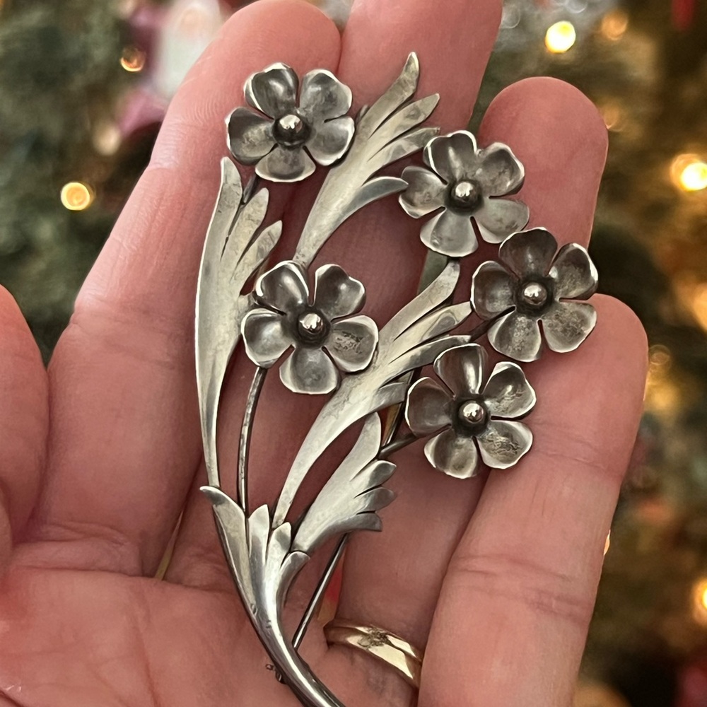 Vintage HSB Sterling Silver Floral Spray Brooch - Silver Flower Pin